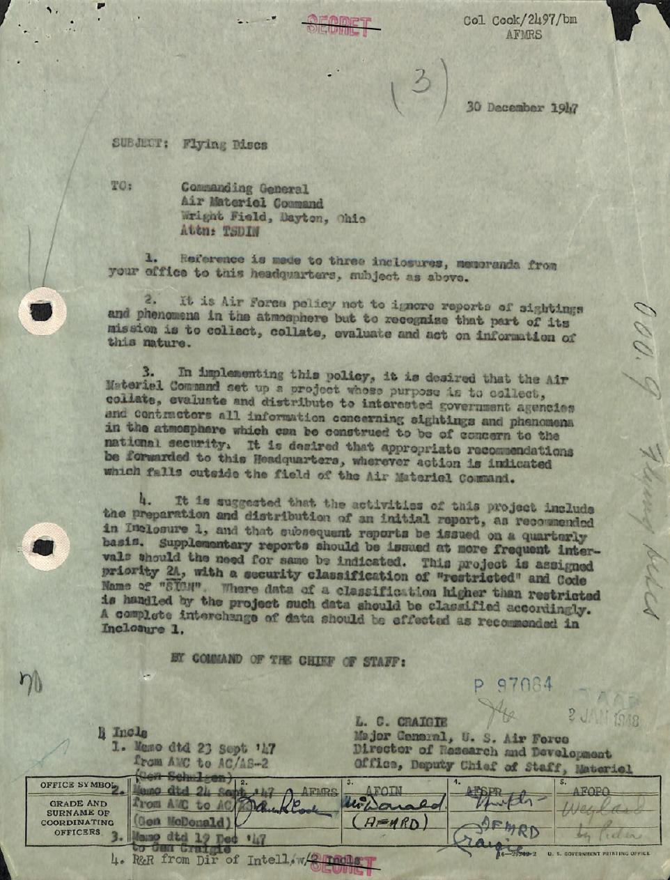 Derived page render from the official PDF: page 3, 30 December 1947 Flying Discs memorandum