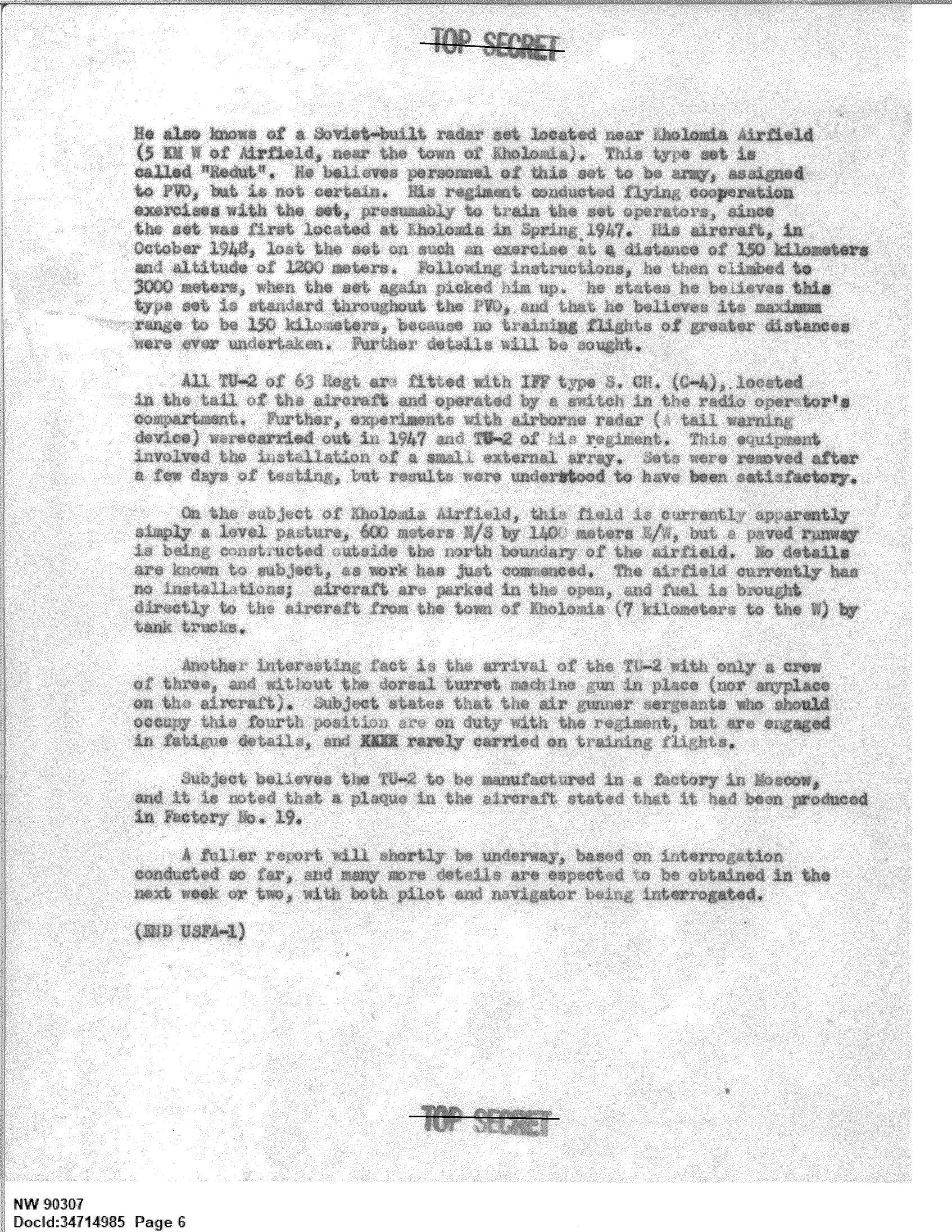 Derived render of page 6: adjacent Soviet radar/TU-2 intelligence context