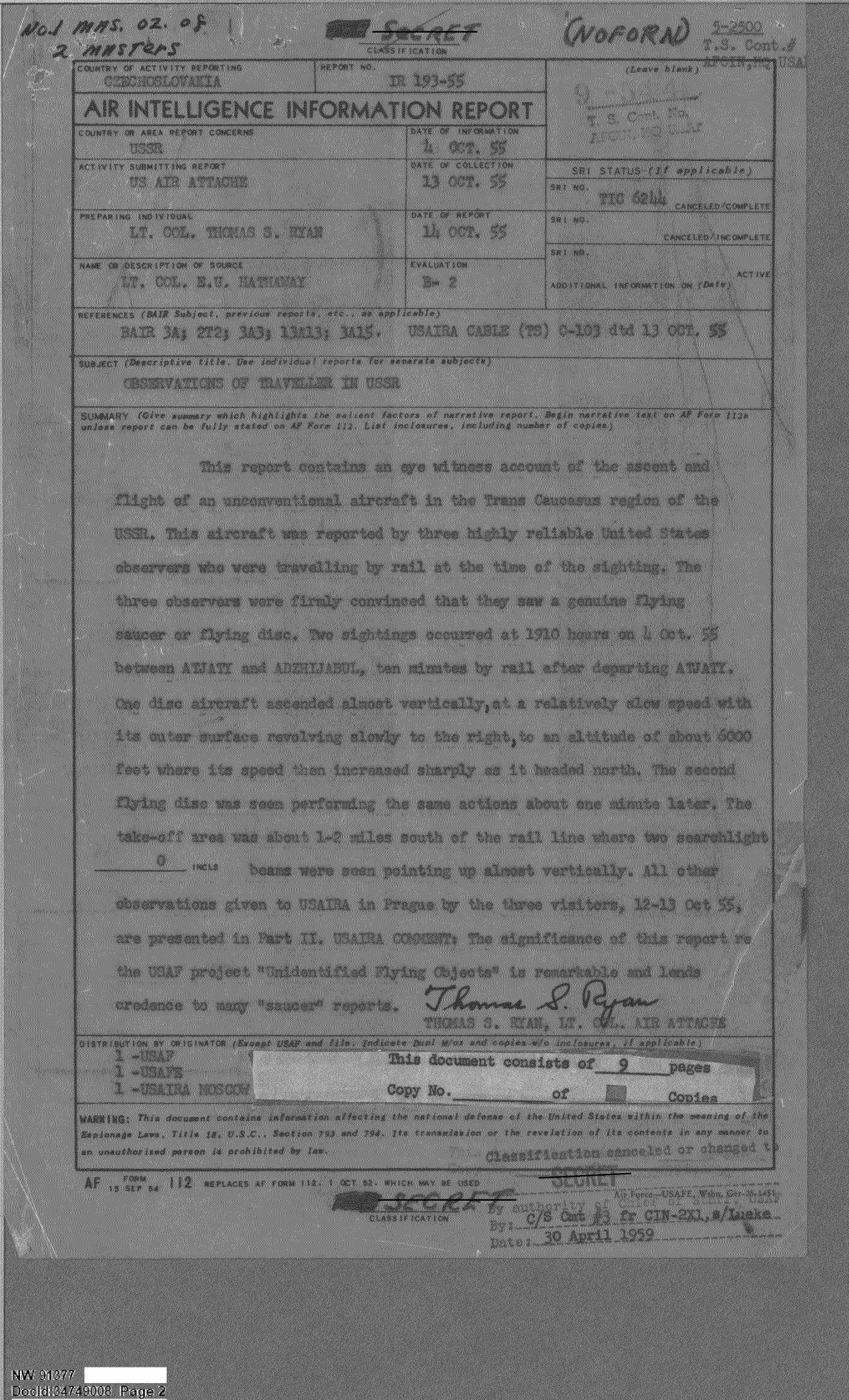 Derived page render from official PDF, page 2: Air Intelligence Information Report summary page with October 1955 form fields and typed witness-account summary.