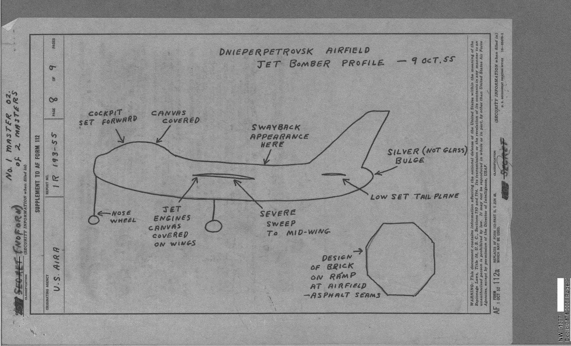 Derived page render from official PDF, page 9: Dnieperpetrovsk Airfield jet bomber profile sketch.