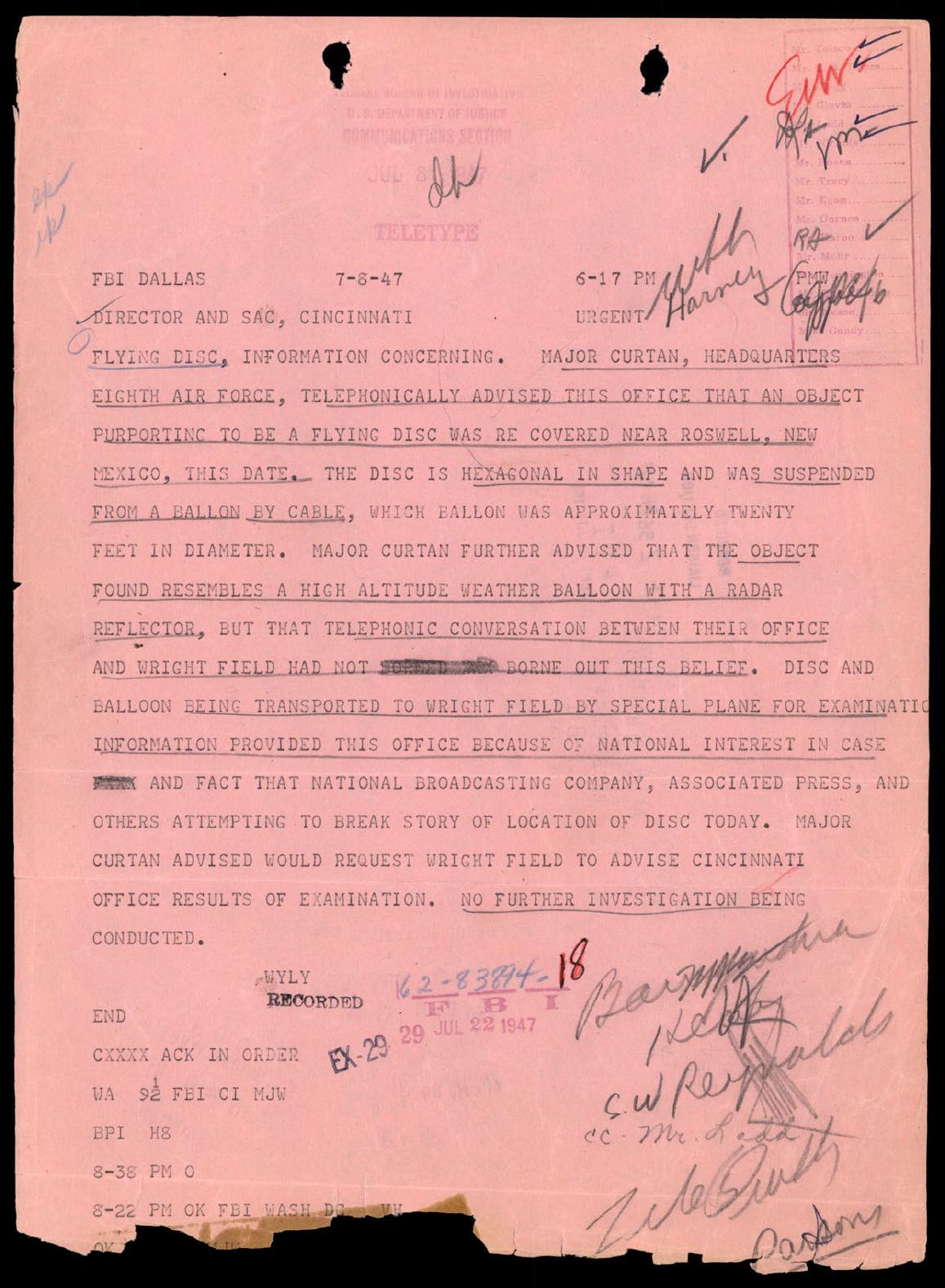 Derived page render from the official PDF: page 70 Roswell teletype