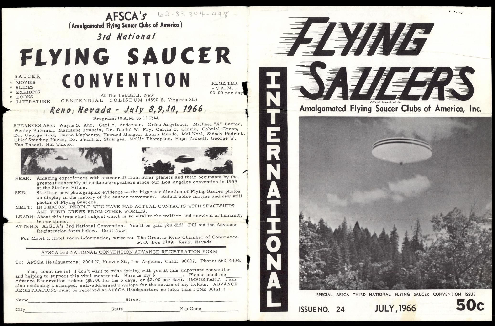 Derived page render from official PDF: AFSCA convention flyer and Flying Saucers International cover