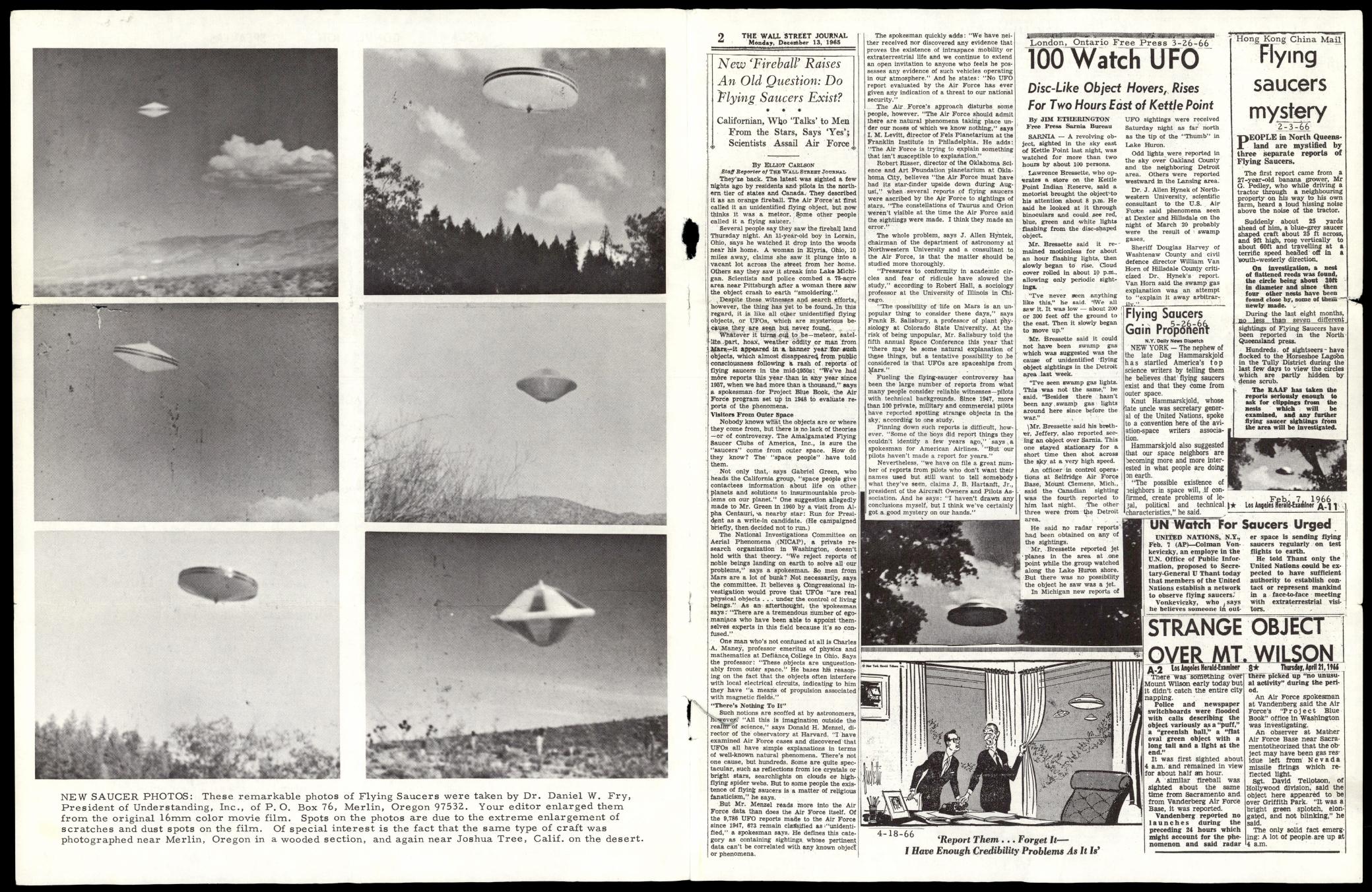 Derived page render from official PDF: Dr. Daniel W. Fry photo spread and UFO newspaper clippings