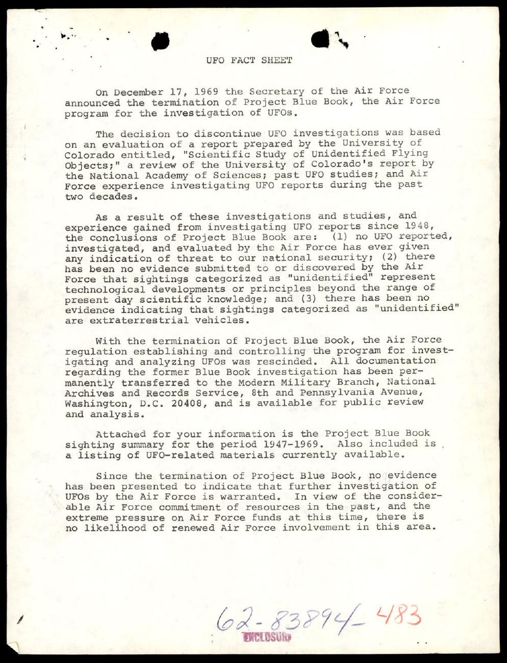 Derived page render from official PDF: Air Force Project Blue Book fact sheet
