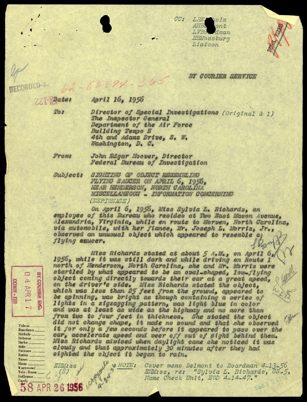 Derived page render from official PDF: Hoover letter to Air Force on Henderson sighting