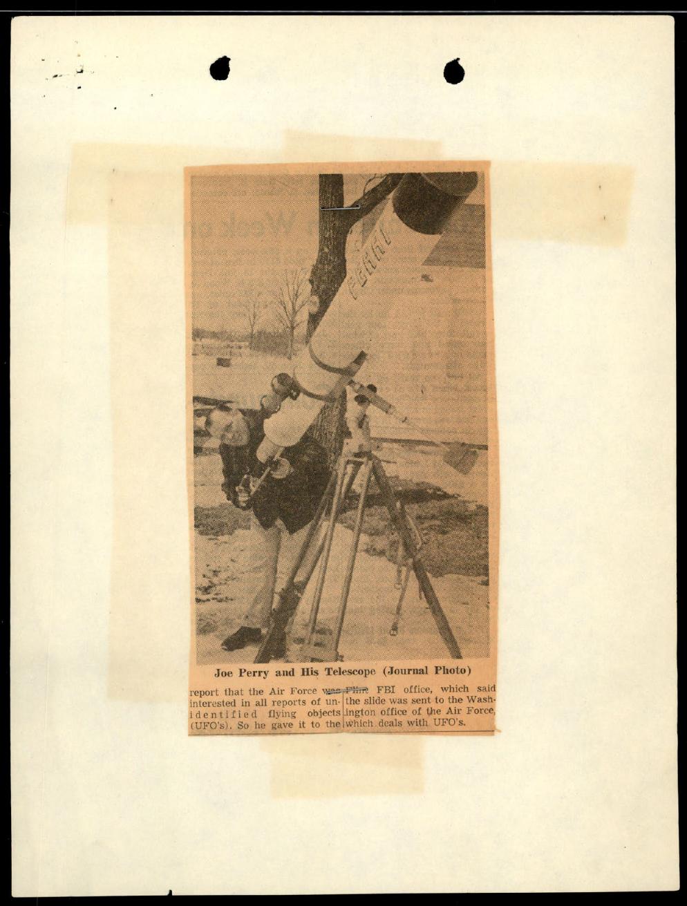 Derived page render from official PDF: Joe Perry and telescope newspaper clipping