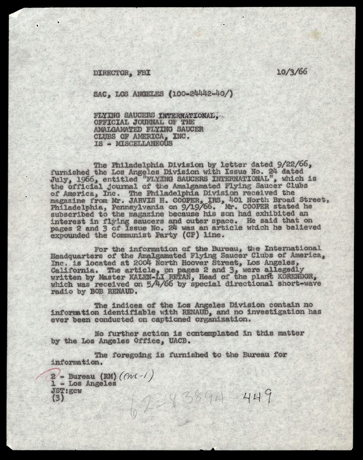 Derived page render from official PDF: Los Angeles FBI memorandum about Flying Saucers International