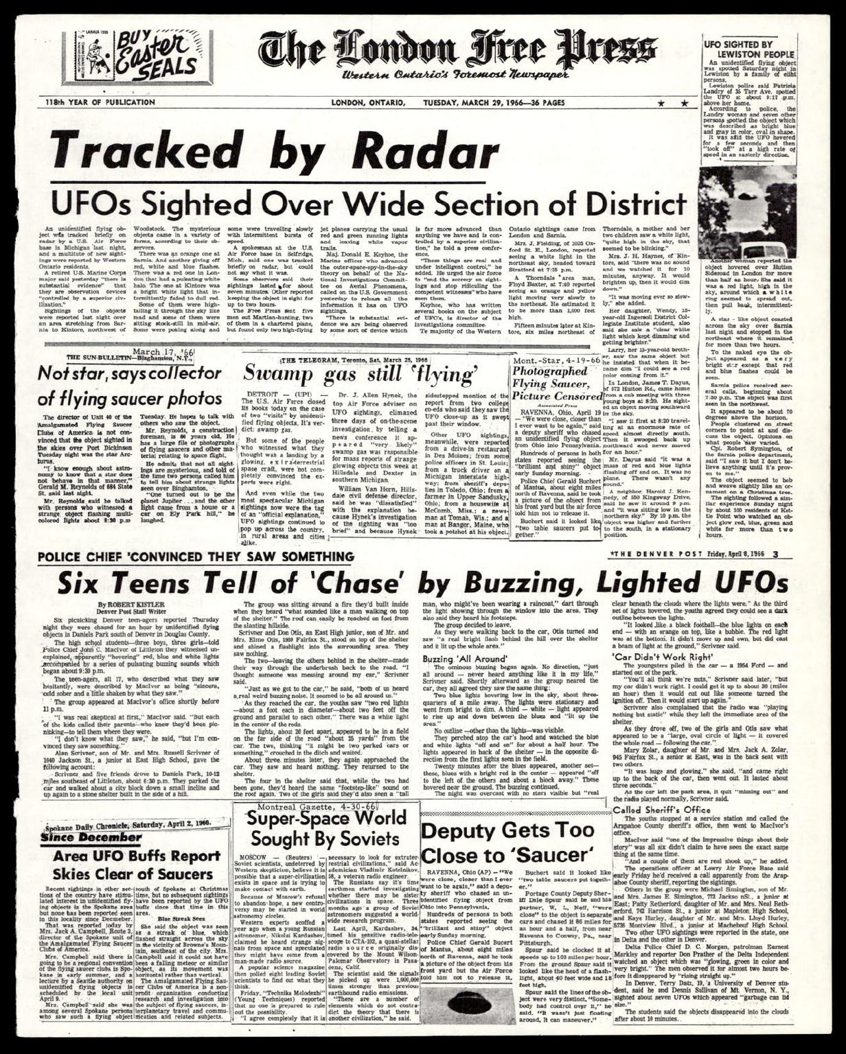Derived page render from official PDF: London Free Press radar headline and UFO clipping collage