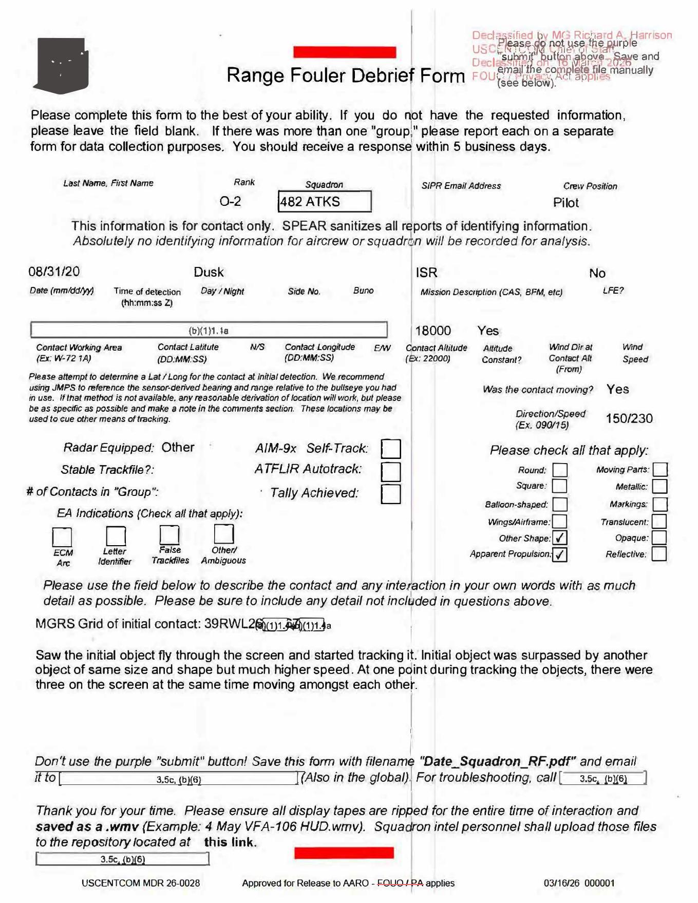 Derived page render from official D42 PDF: one-page Range Fouler Debrief form