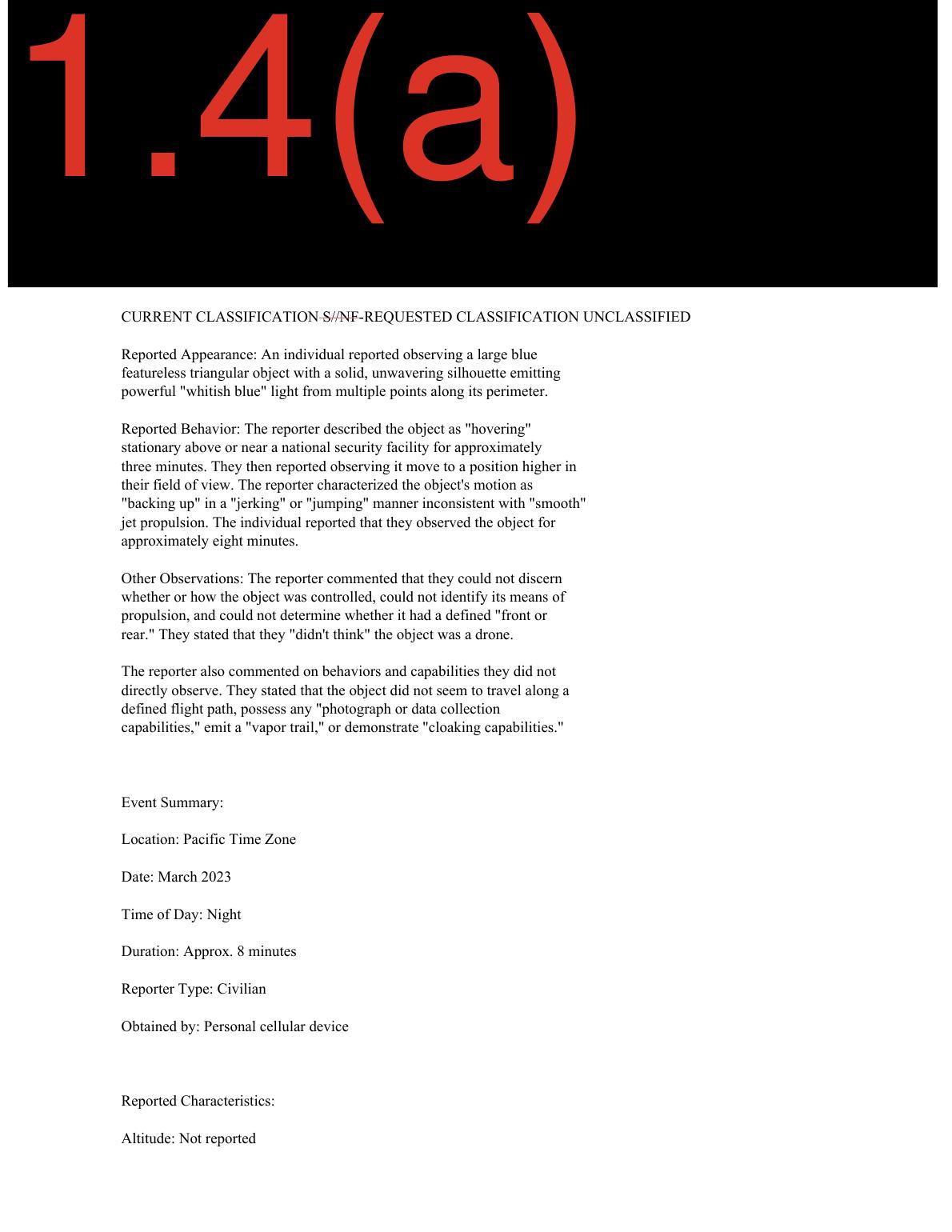 Derived page render from DOW-UAP-D51 page 4: reported appearance, behavior, event summary, and redactions