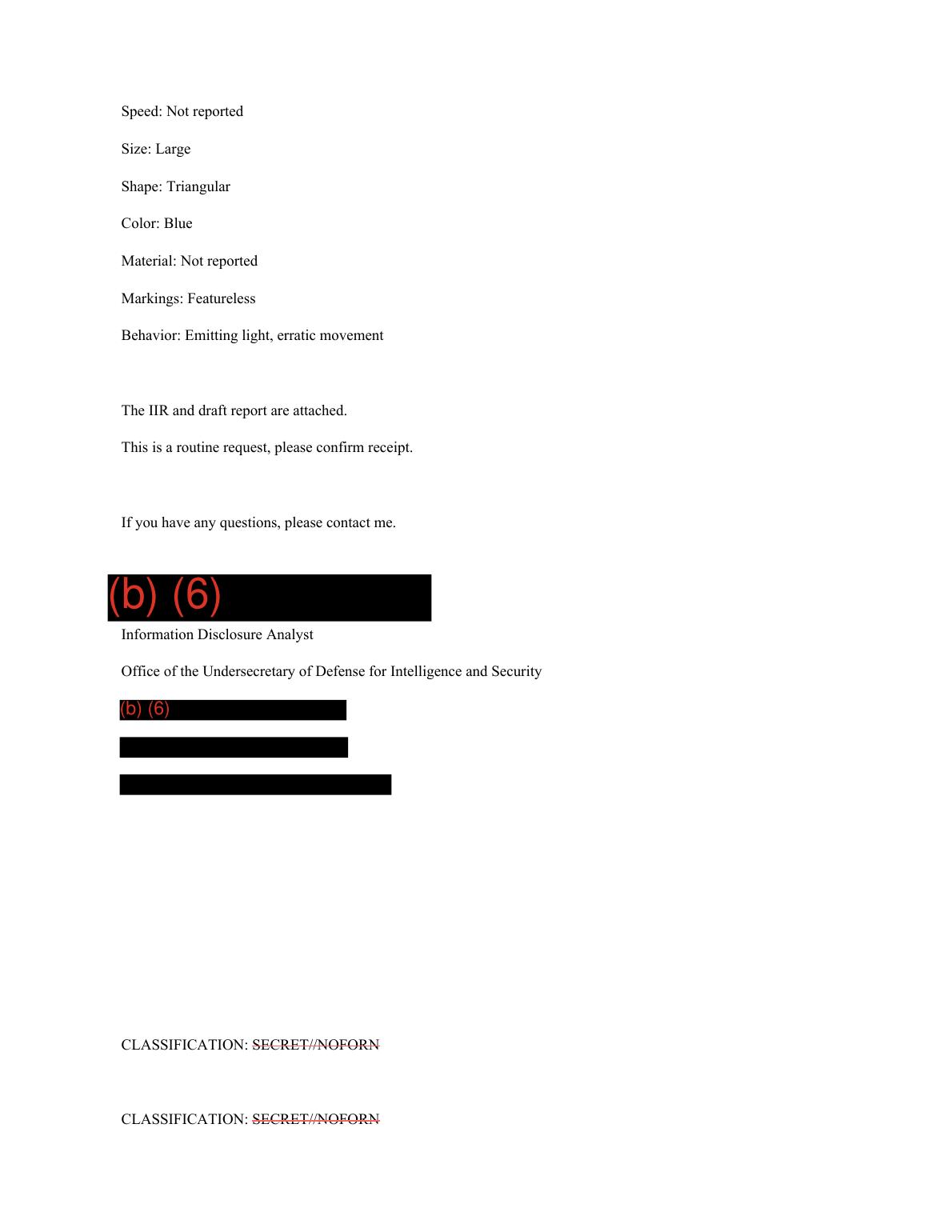 Derived page render from DOW-UAP-D51 page 5: reported characteristics continuation, attachment note, and redacted signature block