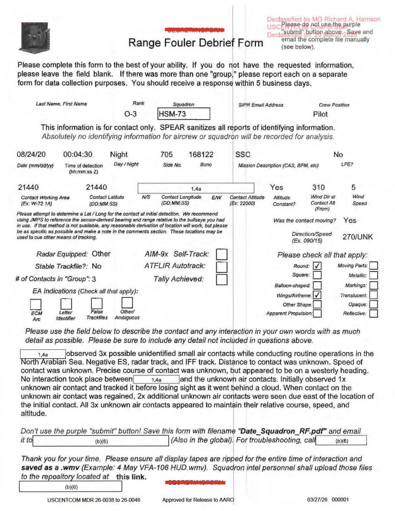 Official PDF page render: DOW-UAP-D56 Range Fouler Debrief page 1