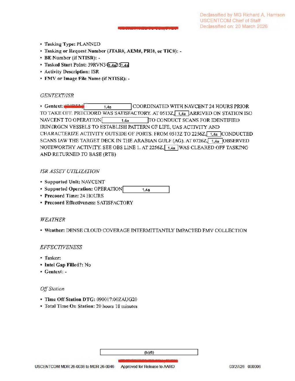 Derived page render from the official D60 PDF: page 6 ISR tasking, FMV filename, weather, and off-station fields