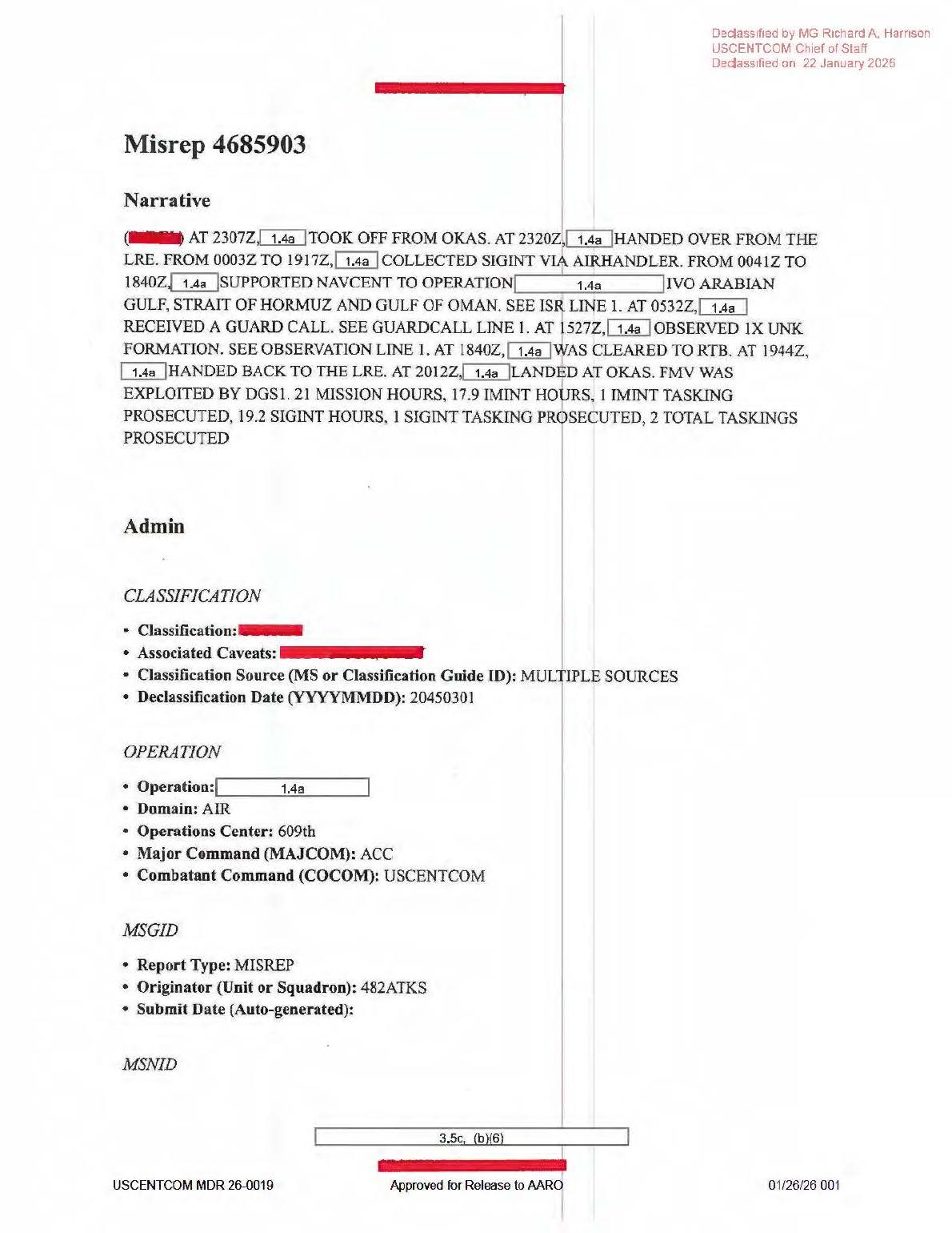 Derived official PDF render, page 1: mission narrative and admin sections