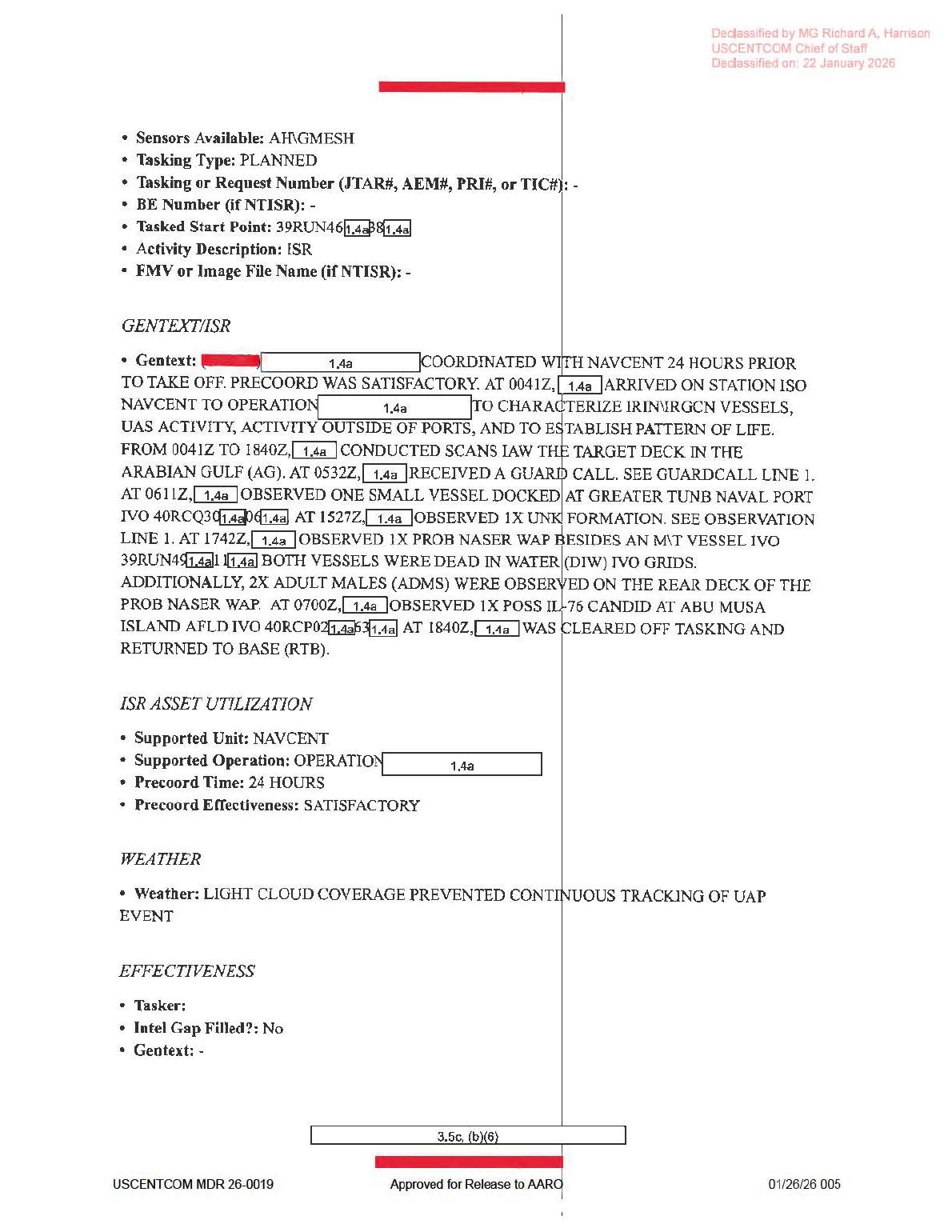 Derived official PDF render, page 5: ISR narrative and weather field