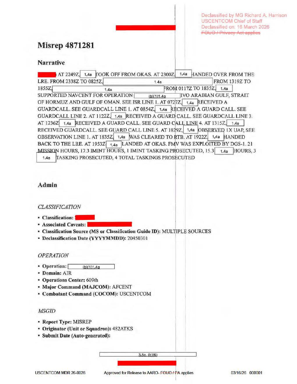 Derived page render from official PDF: page 1 MISREP narrative with the 1832Z UAP observation line