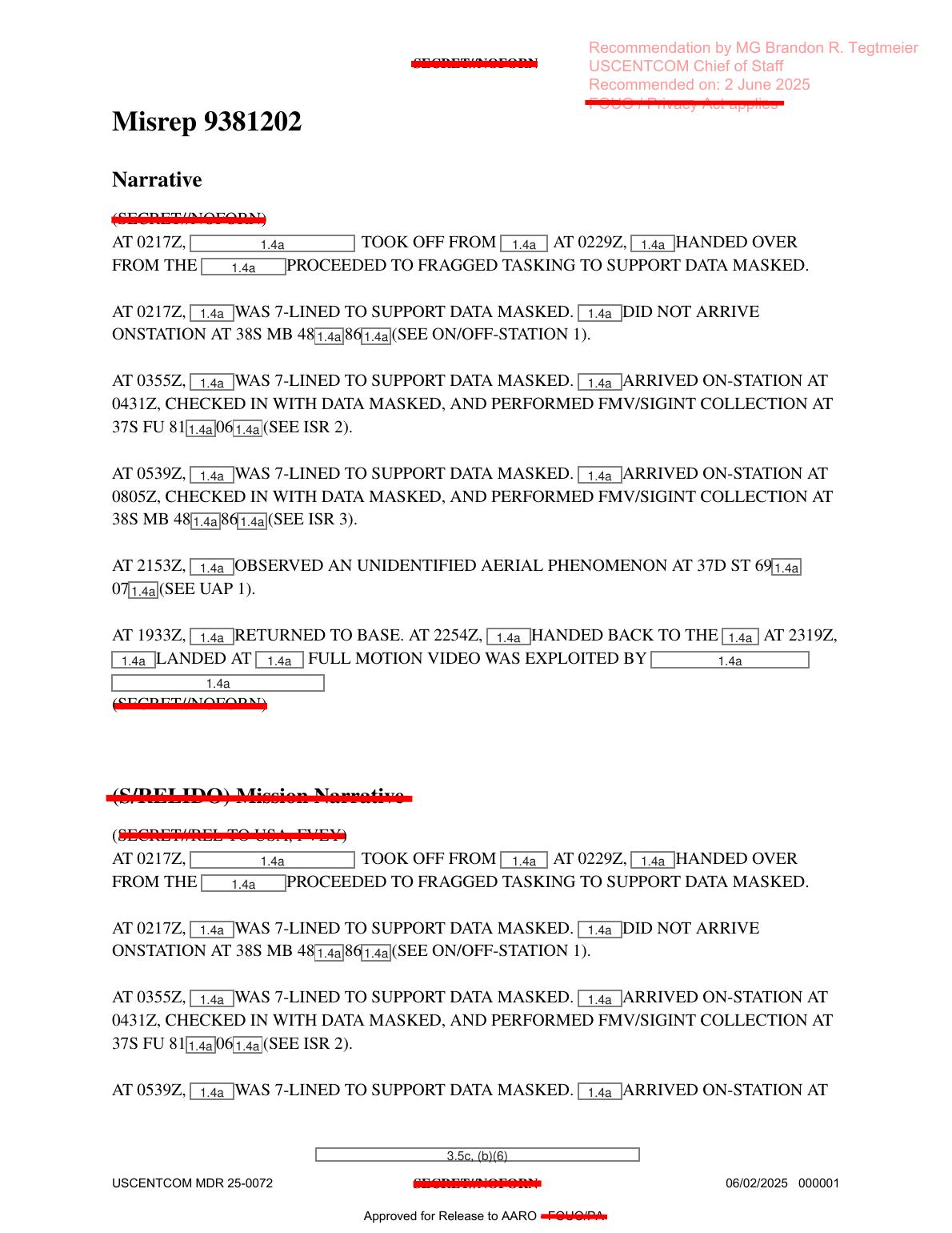 Derived page render from the official DOW-UAP-D74 PDF: page 1 mission narrative