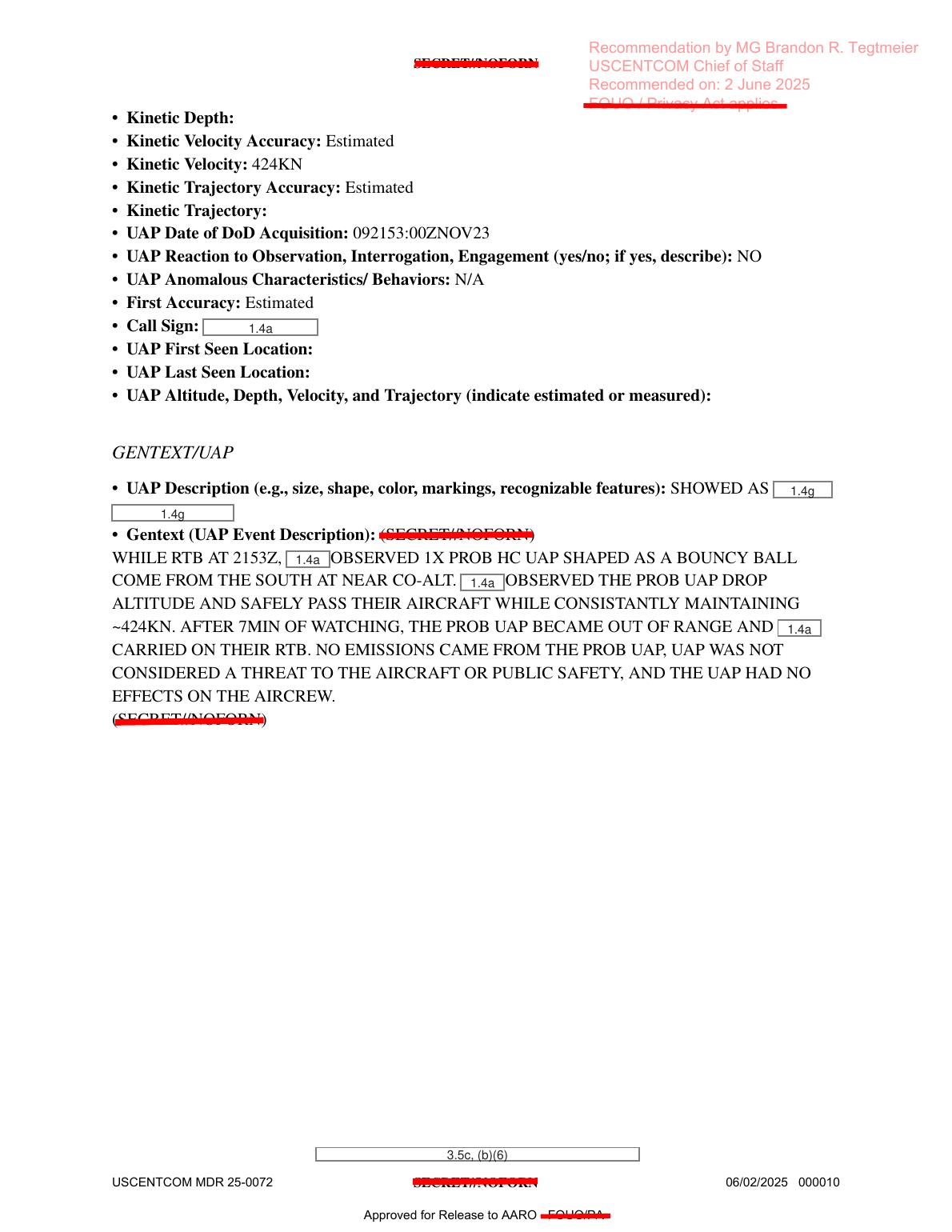 Derived page render from the official DOW-UAP-D74 PDF: page 10 UAP narrative