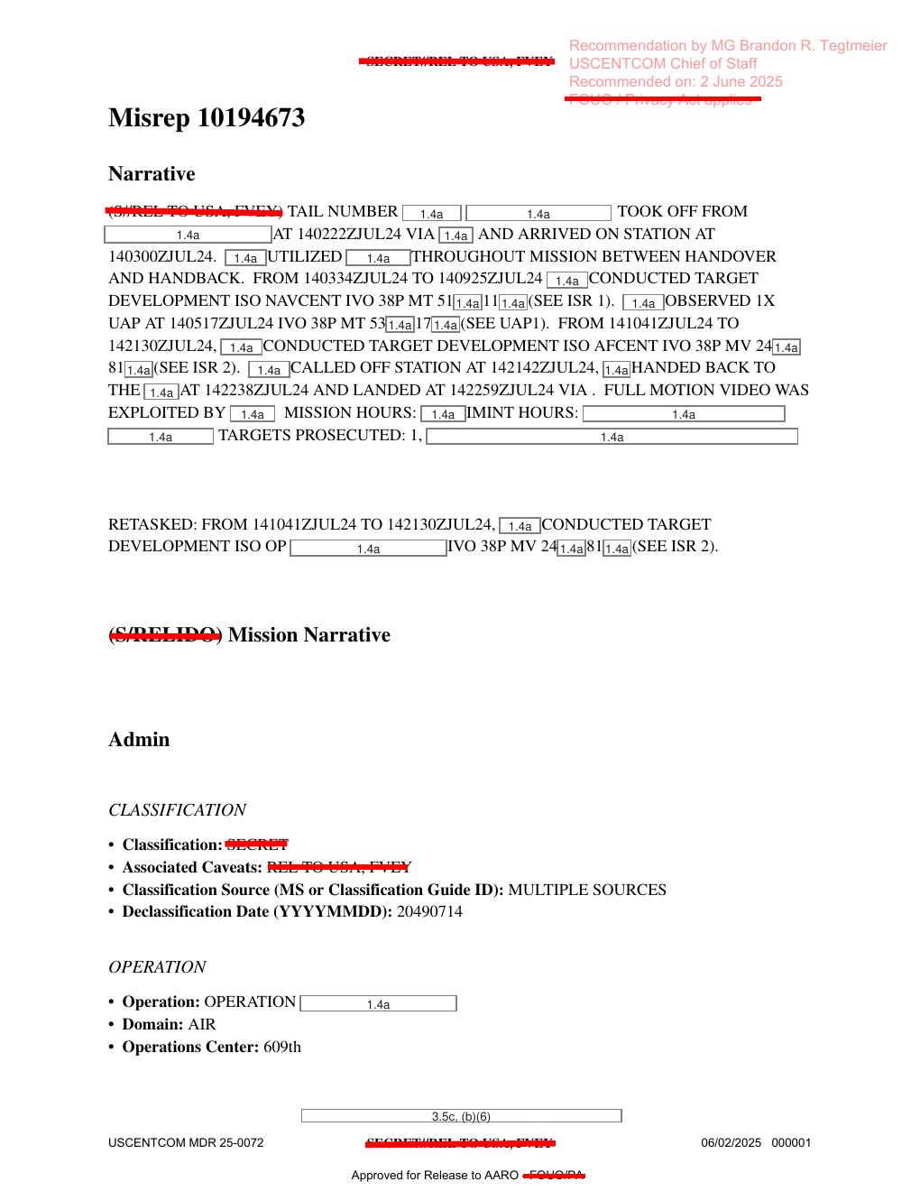 Derived page render from the official DOW-UAP-D75 PDF: page 1 mission narrative