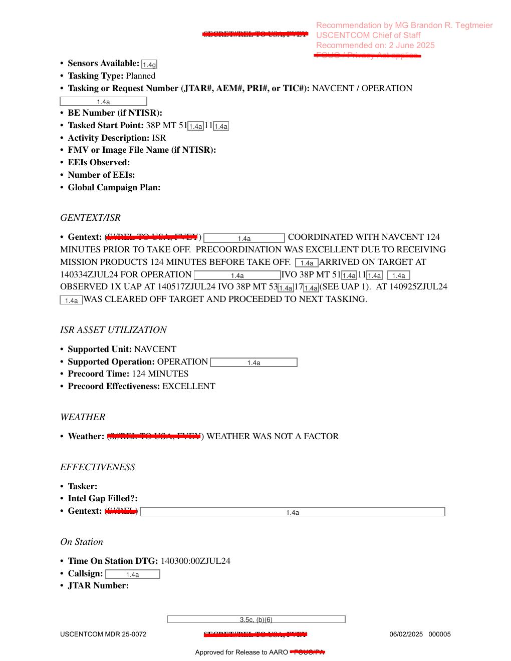 Derived page render from the official DOW-UAP-D75 PDF: page 5 NAVCENT ISR/UAP line
