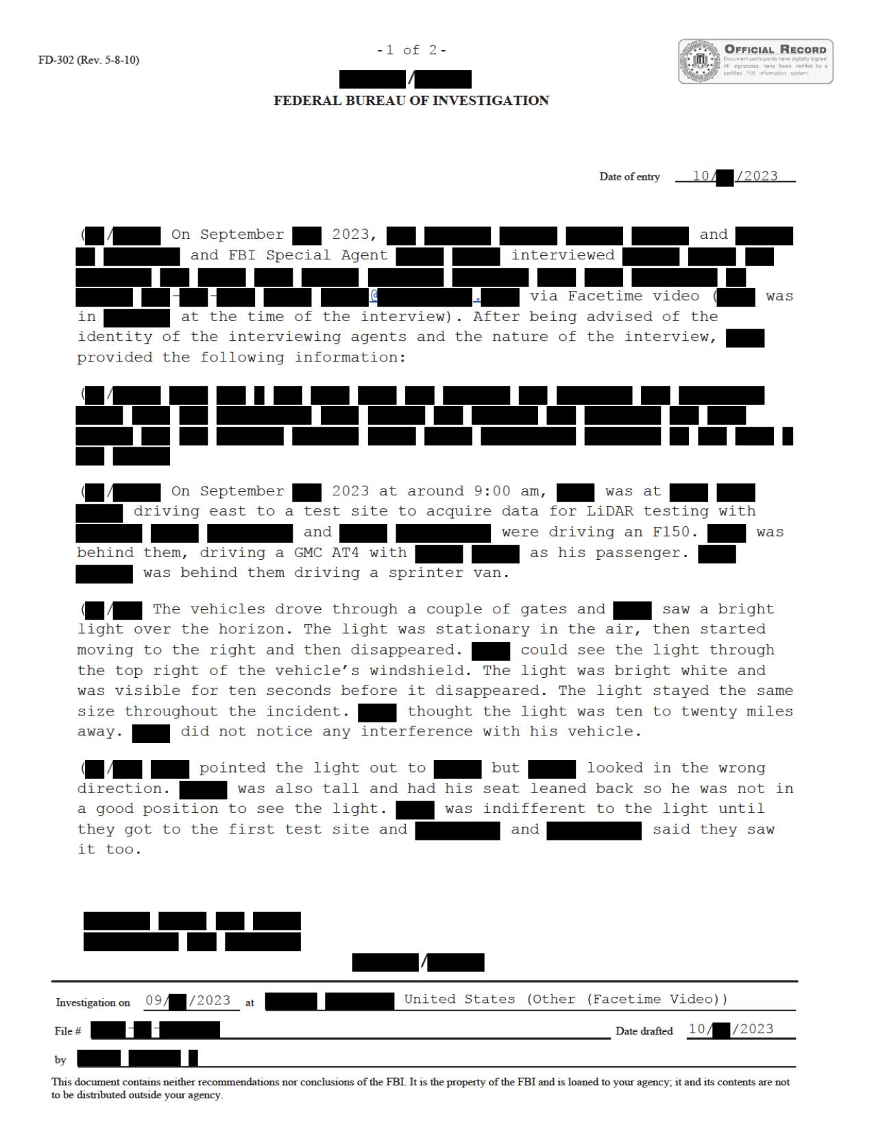 Derived official PDF page render: FD-302 interview page 1