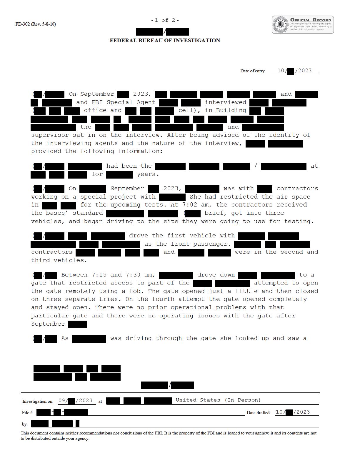 Derived official PDF page render: FBI September 2023 Sighting - Serial 4, page 1