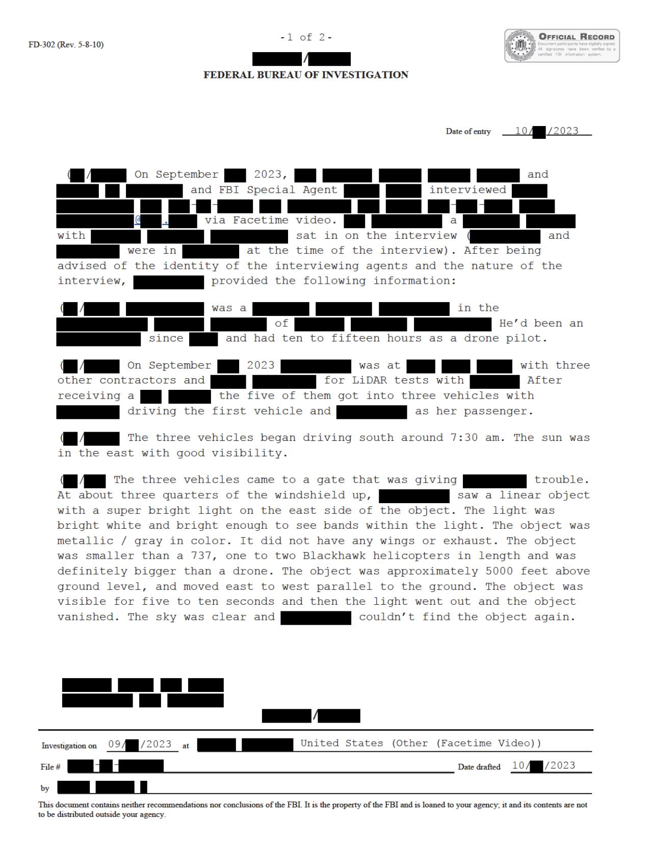 Derived page render from official PDF: FBI September 2023 Sighting Serial 5 FD-302 page 1