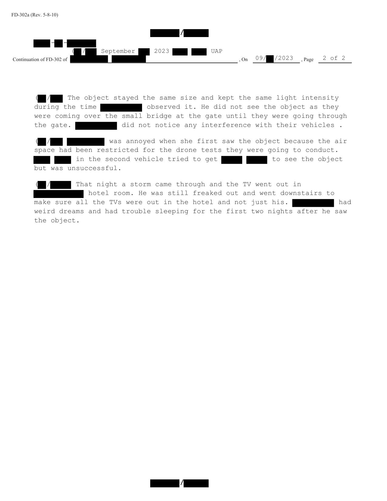 Derived page render from official PDF: FBI September 2023 Sighting Serial 5 FD-302 page 2
