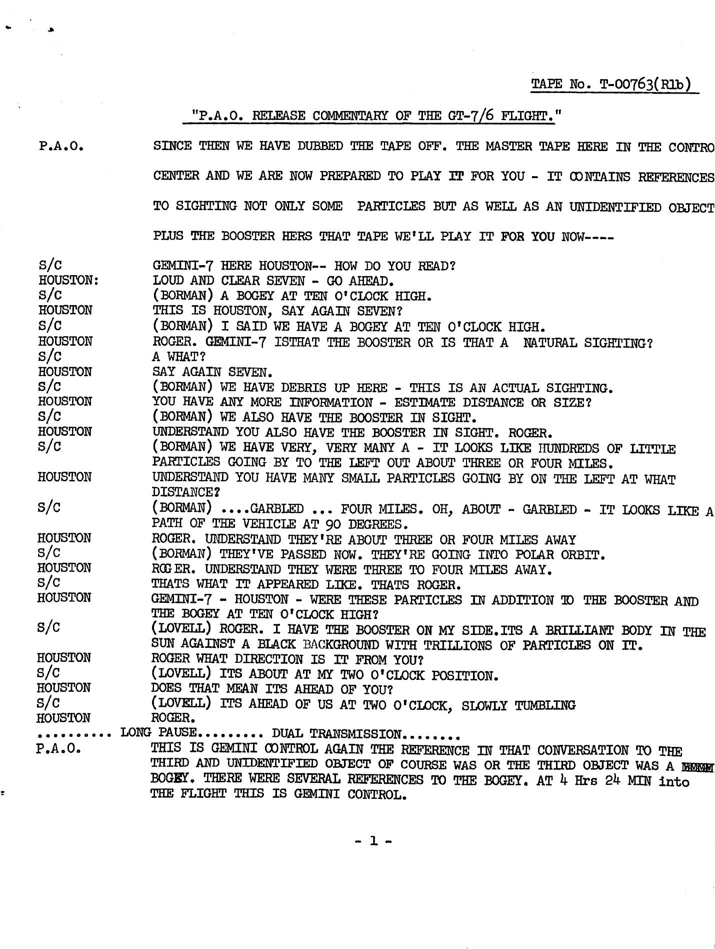 Derived page render from the official PDF, page 1: typed PAO transcript for the GT-7/6 flight exchange.