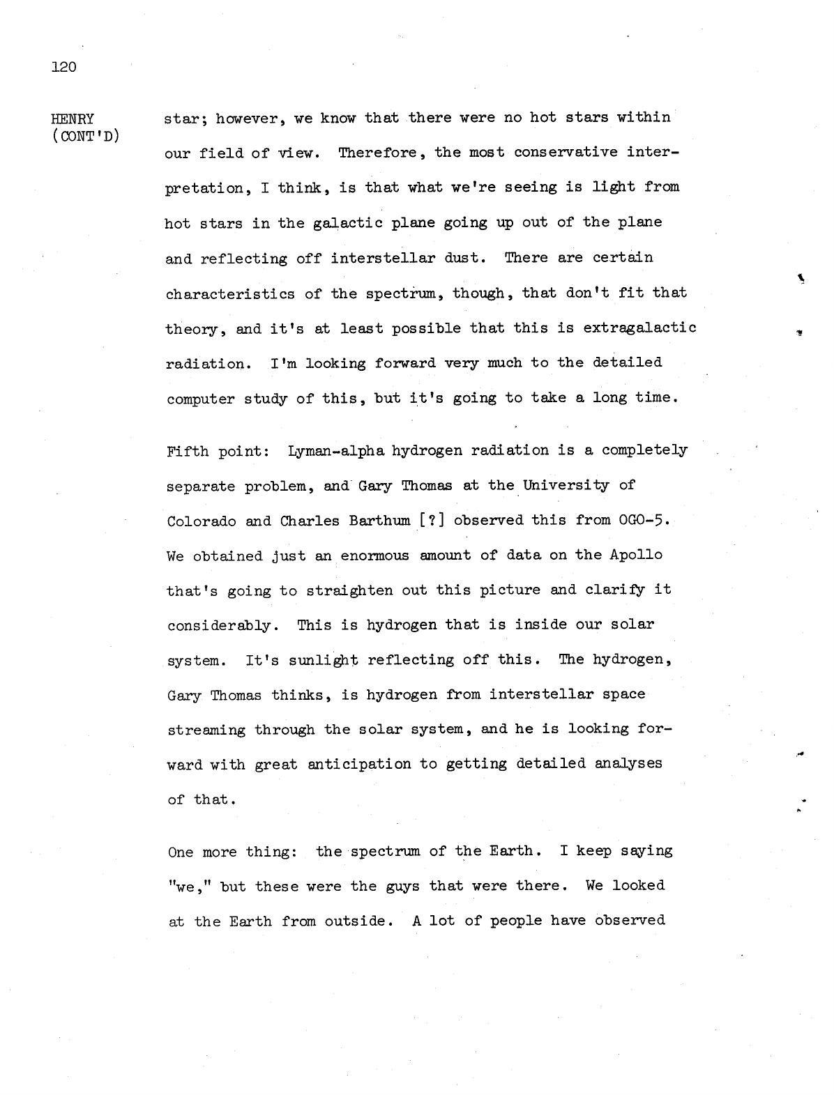 Derived page render from official PDF: transcript page 120, Henry continued remarks on interstellar dust, possible extragalactic radiation, and Lyman-alpha hydrogen