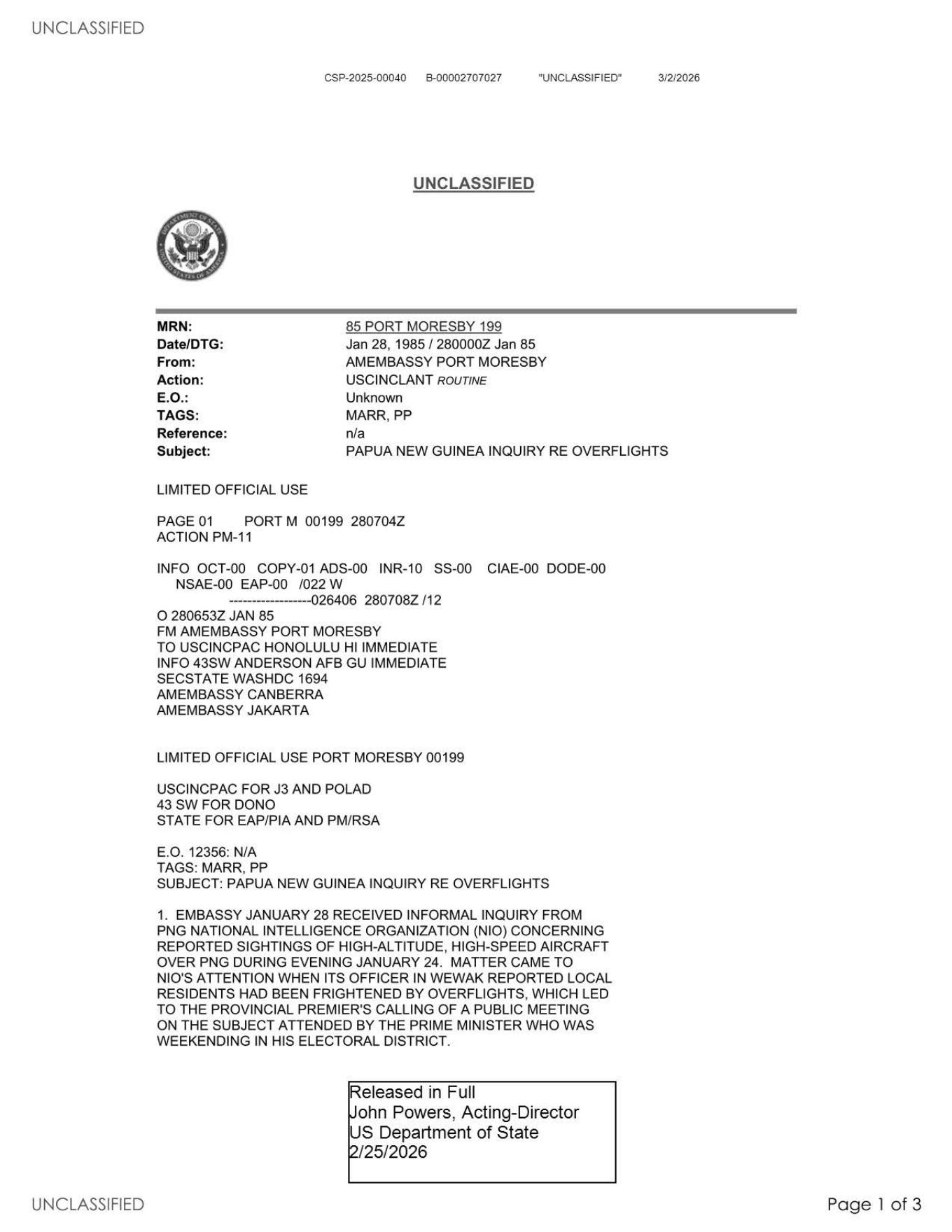 Derived official-PDF page render: cable header and paragraph 1 for the Papua New Guinea overflight inquiry