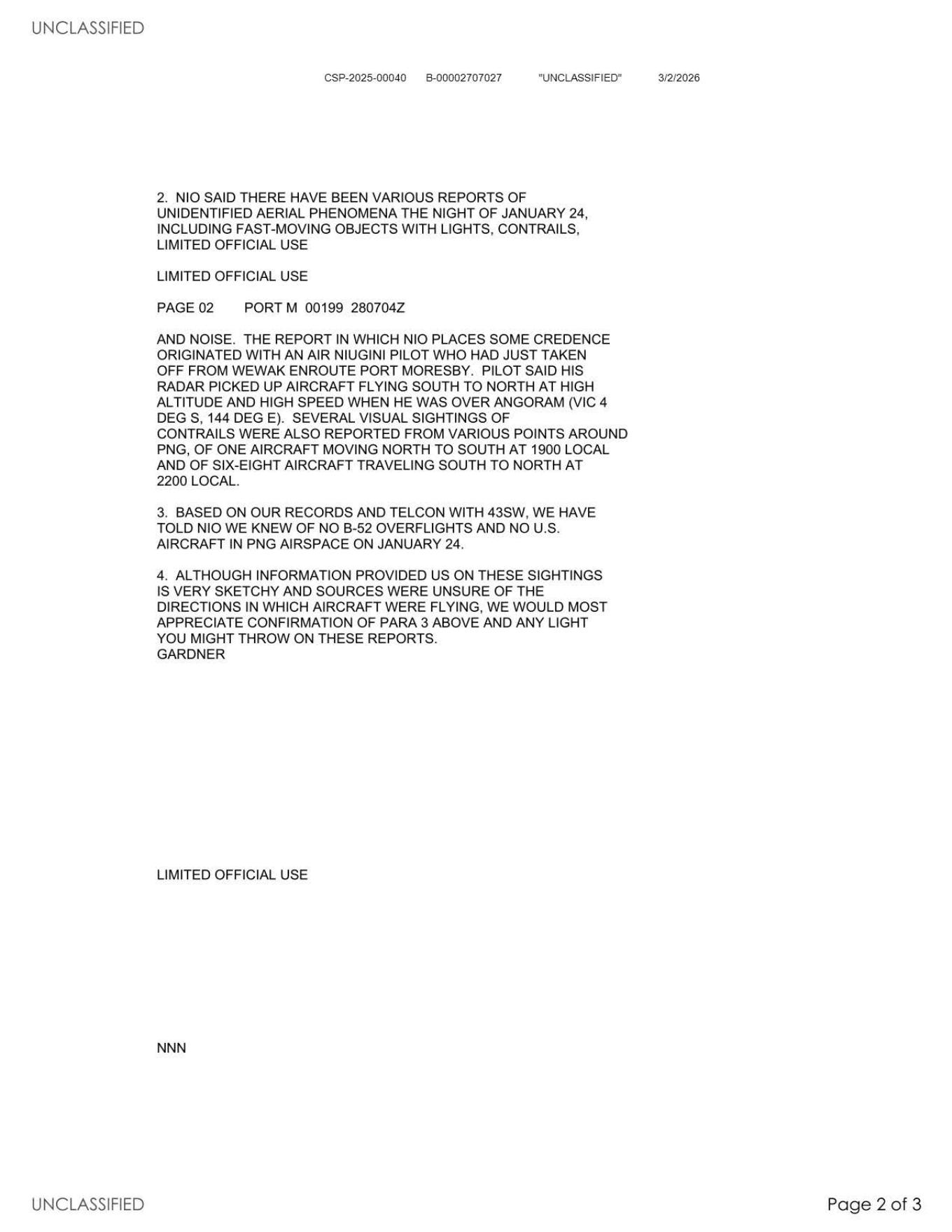 Derived official-PDF page render: page 2 incident text for the Papua New Guinea overflight inquiry