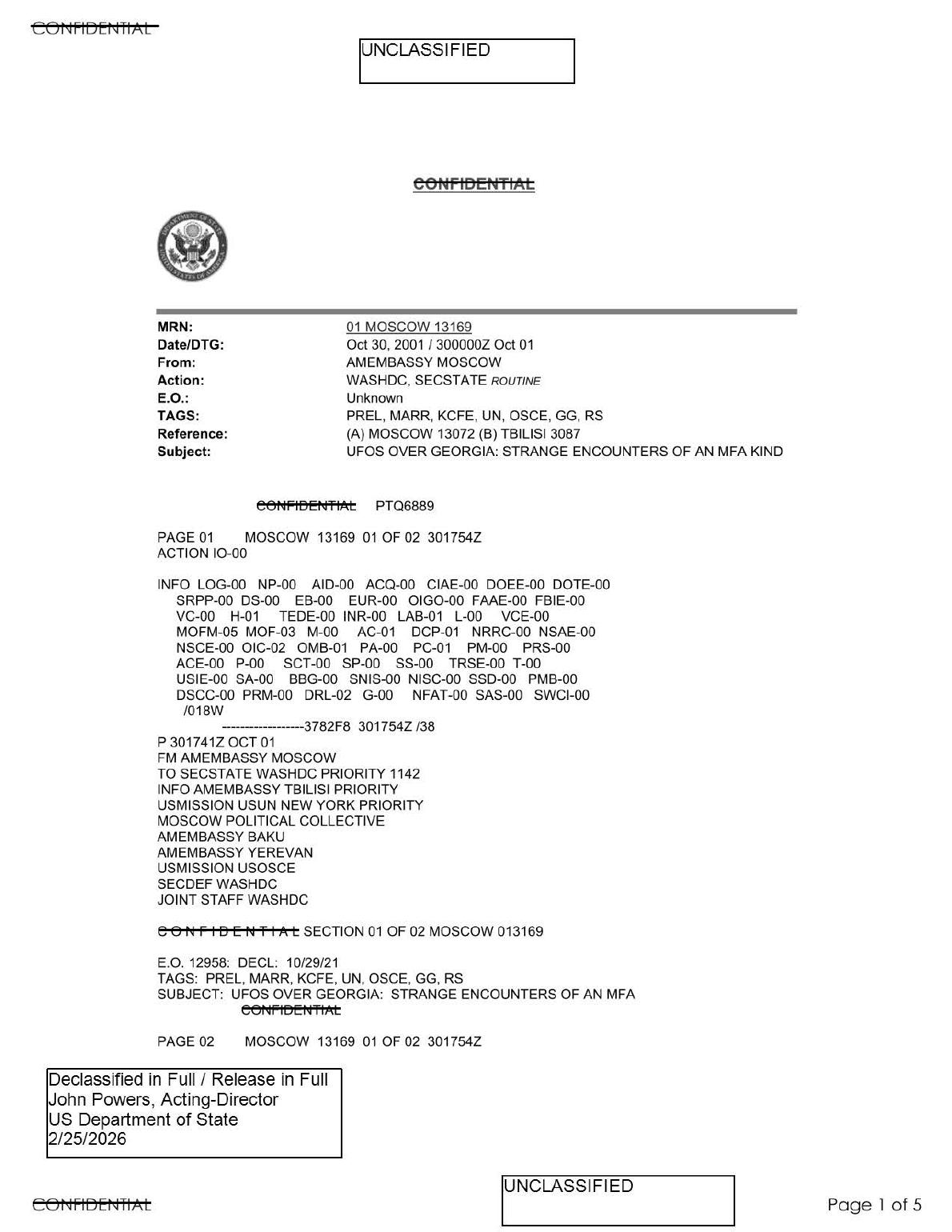 Derived official PDF page render: cable header, routing, and UFOS OVER GEORGIA subject line