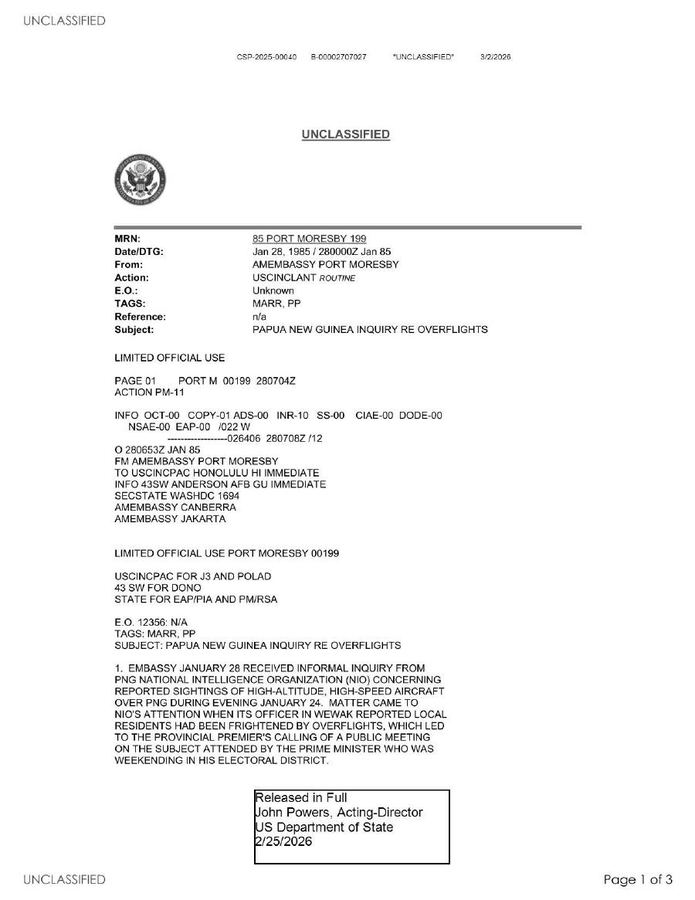State Department UAP Cable 1, Papua New Guinea, January 28, 1985 thumbnail