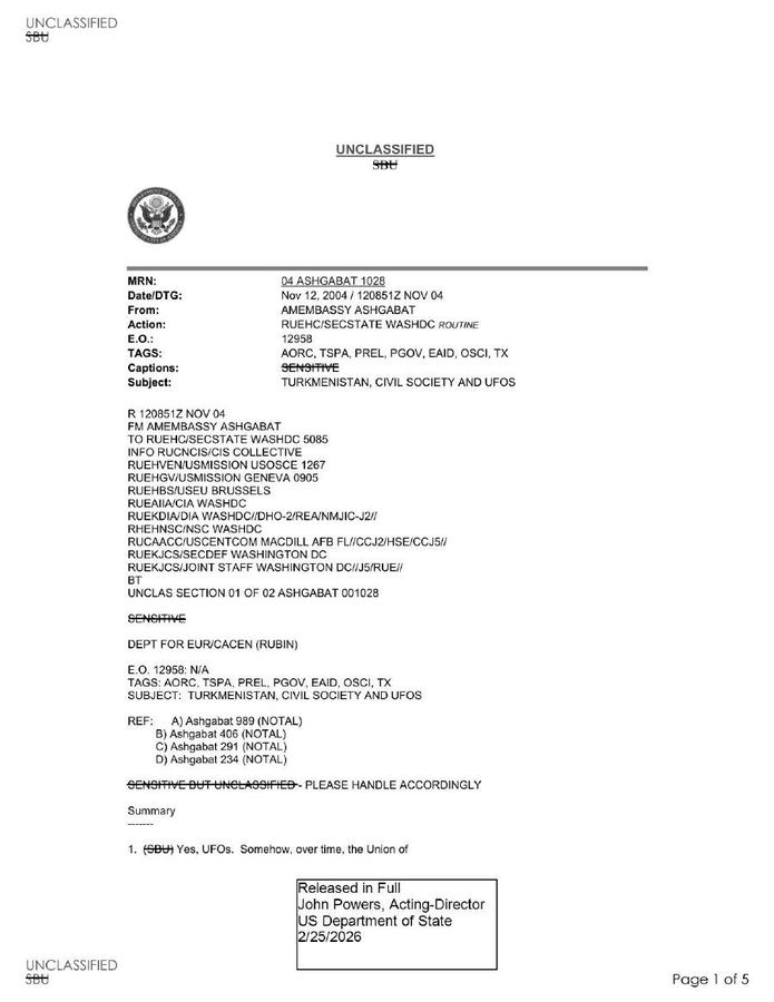 State Department UAP Cable 4, Ashgabat, Turkmenistan, November 5, 2004 thumbnail